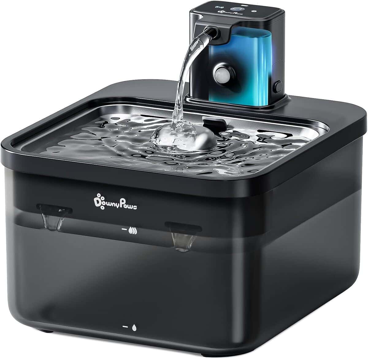 Test de la fontaine à eau sans fil pour chat avec détection de mouvement et plateau inox noir