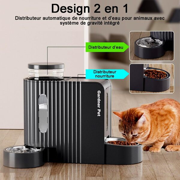 Gardner Pet 2-en-1 Distributeur Croquettes Chat Automatique 3L*2, Distributeur Eau Chat et Chien par Gravité, Mangeoire avec Gamelle Acier Inoxydable, pas d'électricité, Sans BPA, Angle Réglable, Noir