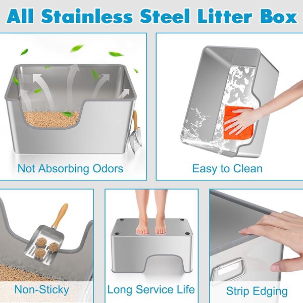Klarana Litière en acier inoxydable avec côtés hauts, 40 L, XXL, pour grands chats, bac à litière profond en acier inoxydable avec côtés hauts, anti-fuite, antiadhésive, facile à nettoyer, avec pelle