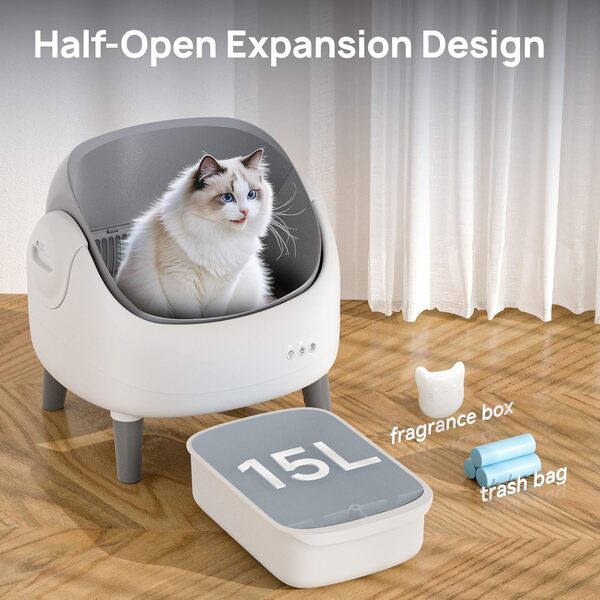 Litière autonettoyante à couvercle ouvert, boîte à litière automatique pour chat avec contrôle par application, double capteurs de sécurité, sacs poubelle, gris/blanc