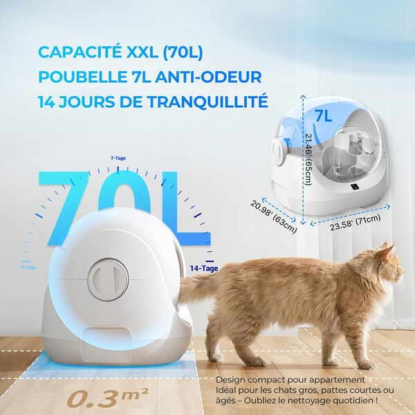 CATLINK Baymax Litiere Chat Autonettoyante Capacité 70L– Protection Anti-Fuites Latérales Améliorée, 7 Niveaux de Sécurités, Appli & Détection Multi-Chats – pour Foyers Multi-Chats