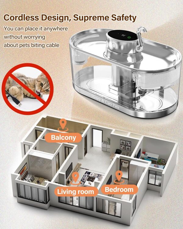 Fontaine à eau pour chat en acier inoxydable sans fil à piles avec 2 filtres, intérieur/extérieur, ultra silencieuse, sans BPA, robinet de 3 L, pour plusieurs animaux de compagnie