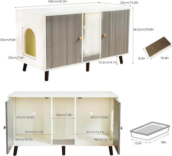 JanflyHome Bac à litière pour chat – Double litière cachée pour 2 chats avec grand espace en carton – Armoire d'intérieur pour animal domestique – Design moderne – 108 x 49,8 x 60,5 cm – Gris