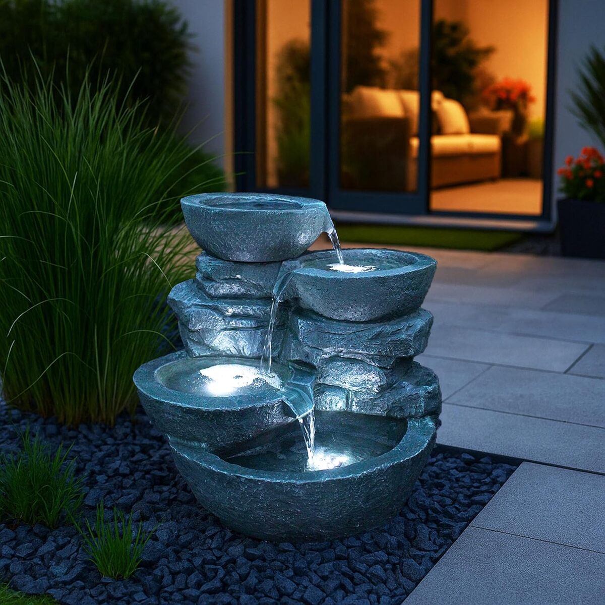 Test de la fontaine d'intérieur Arnusa avec éclairage à DEL