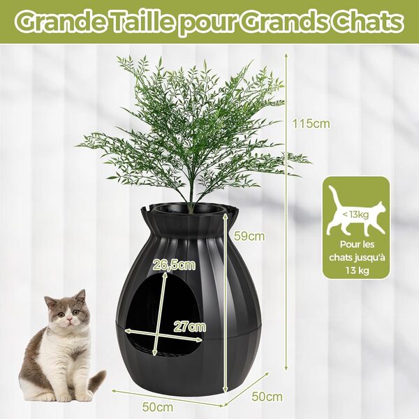COSTWAY Bac Litiere pour Chat XXL avec Désodorisation Ionique, Grande Caisse Chat Litiere 63L avec Plante Artificielle Verte, Galets, Rideau, Pelle à Litière, Maison de Toilette pour Chaton (Noir)