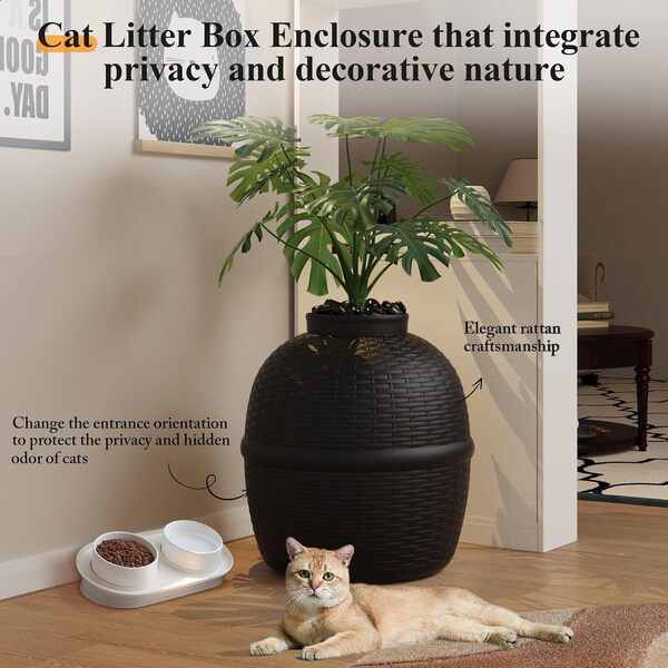 Keygarzone Litière cachée avec fausse plante, meuble de litière pour chat avec motif en rotin pour grand chat, filtre à charbon, facile à assembler et à nettoyer, noir