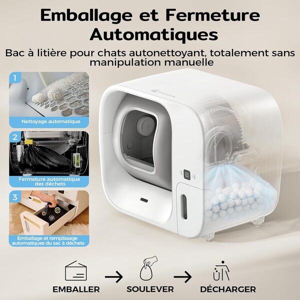 Amicura Cura3 Litiere Chat Autonettoyante - Système Auto-Emballage (Zéro Contact Déchets), Sécurité TÜV Anti-Pincement/Contrôle APP/Anti-Odeur/Anti-Fuites, Bac à Litter Automatic pour Plusieurs Chats