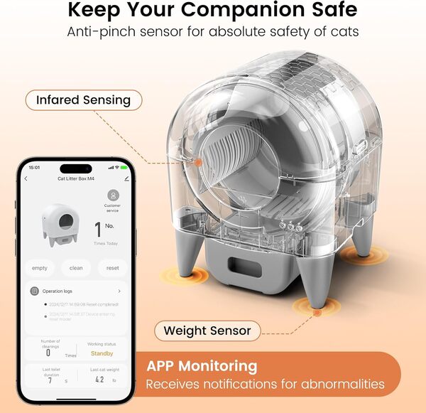 ECORUI Litière autonettoyante, bac à litière automatique pour chats multiples, avec protection de sécurité, contrôle par application, 2 rouleaux de litière pour chat, blanc