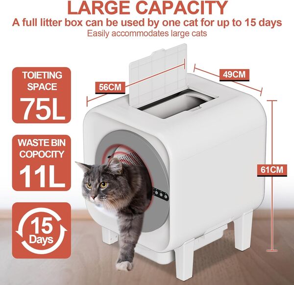 Meowra Litière pour chat autonettoyante, capacité XL de 70 l (48 x 55 x 61 cm), contrôle par application WiFi, toilettes automatiques sans odeur pour chat avec sacs de garage