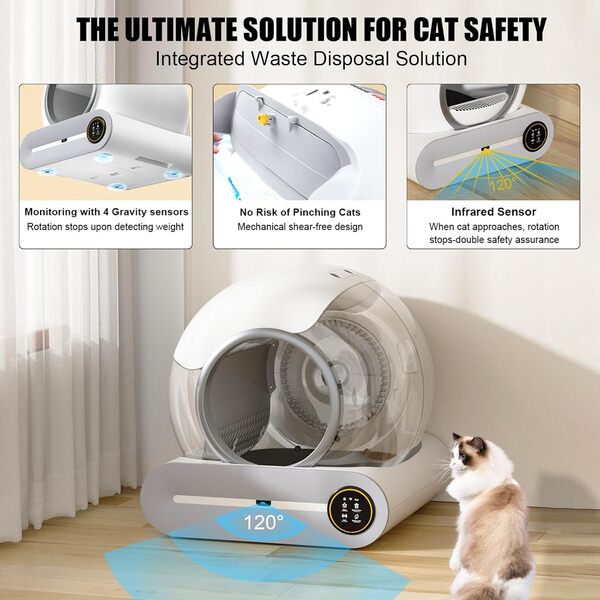 Litière Automatique pour Chat - 65 L/9 L - Grande litière autonettoyante pour Plusieurs Chats - Blanc - avec télécommande par Application Via Connexion WiFi - Accessoires de qualité pour Chat sans