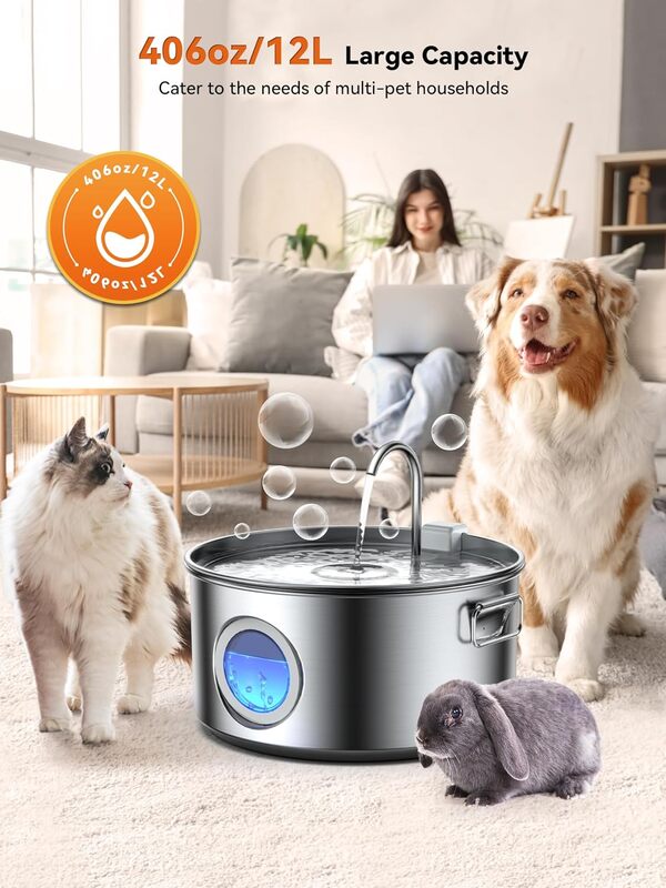 Grande fontaine à eau automatique en acier inoxydable pour grand chien, maison multi-animaux, distributeur d'eau silencieux pour intérieur avec fenêtre visible