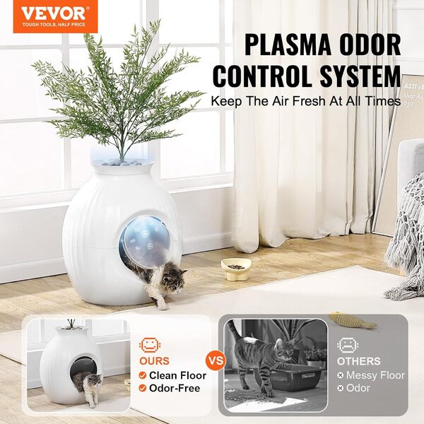 VEVOR Bac à Litière Caché pour Chat avec Plante Artificielle et Pelle, Système Intelligent Contrôle des Odeurs, Grande Entrée 240 mm, Déco Lumineuse, ABS Robuste, pour Salon, Chambre à Coucher, Coins