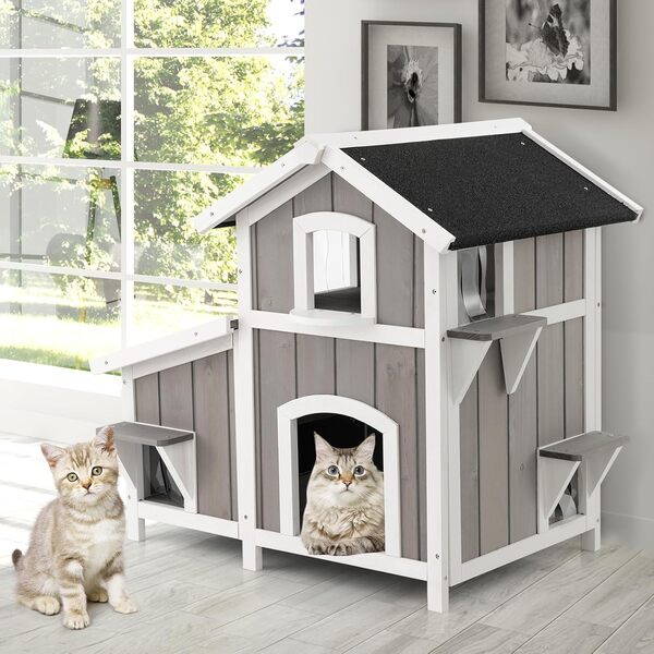 COSTWAY Niche pour Chat en Bois 2 Étages avec 3 Compartiments, Toit en Asphalte, Rideaux PVC, 6 Portes pour Lapin Chiot, Extérieur/Intérieur - 100 x 64 x 82,5 cm