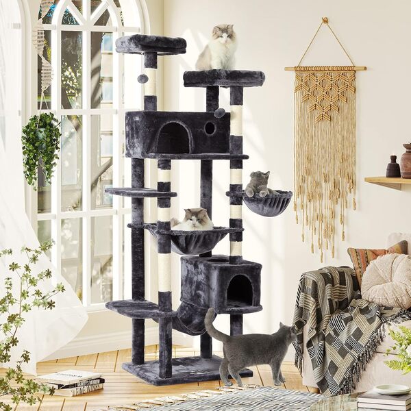 MSmask Grand Arbre à Chat XXL, 193 cm de Haut, Tour d'escalade Grande et Stable avec 2 Niches, 2 Plateformes, hamac, Multi-Niveaux, Arbre à Chat en Bois