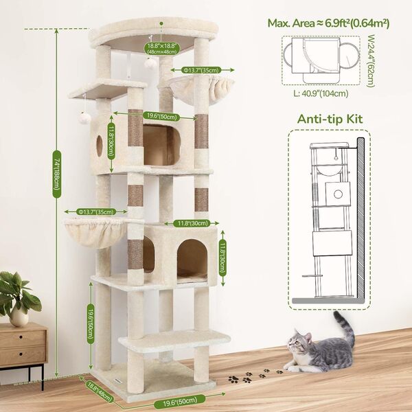 Globlazer Arbre à Chat Beige Grand Haut 188 cm avec 2 Grande Niches, Doux Plate-Forme, 2 Panier, Arbre a Chat Stable Résistant à la Pointe pour Gros Chats Grimpent Reposent Grattent (S74, Beige)