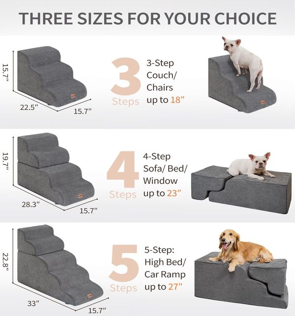 Made4Pets Rampe d'escalier pour chiens de petite taille, marches pour chien, lit, canapé et chaise, marches en mousse 35D pour petits chiens et chats, escalier avec fond antidérapant, gris