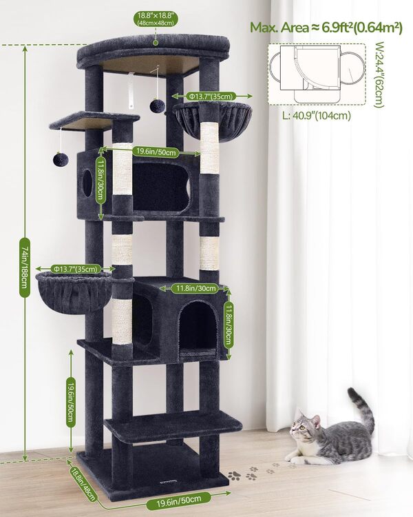 Globlazer Arbre à Chat Grand Haut 188 cm avec 2 Grande Niches, Doux Plate-Forme, 2 Panier, Arbre a Chat Stable Résistant à la Pointe pour Gros Chats Grimpent Reposent Grattent (S74, Gris Foncé)