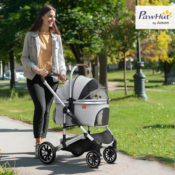 PawHut Poussette 3 en 1 Pliable pour Chien et Chat jusqu'à 10 kg avec Coussin, fenêtres en Filet, Portes, Panier de Rangement, Gris Clair