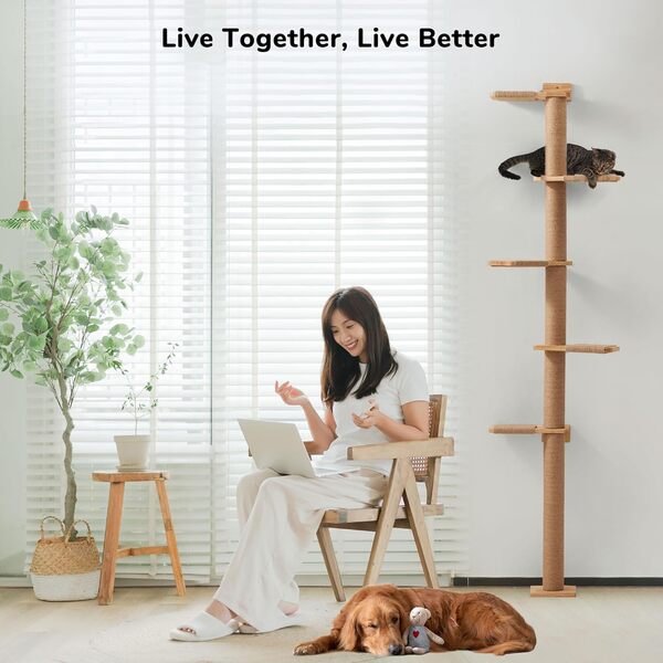 FUKUMARU Arbres à Chat 205,7 cm, 5 Étages du Sol au Plafond, Griffoir Mural pour Chat, Étagères Murales pour Chat, pour Grimper, Gratter, Observer et Jouer