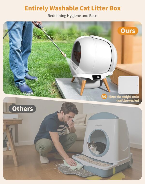 HoneyGuaridan Bac à litière autonettoyant pour chat avec contrôle par application, boîte à litière automatique étanche, boîte à litière intelligente robot, protection de sécurité 0 risque, sans odeur,