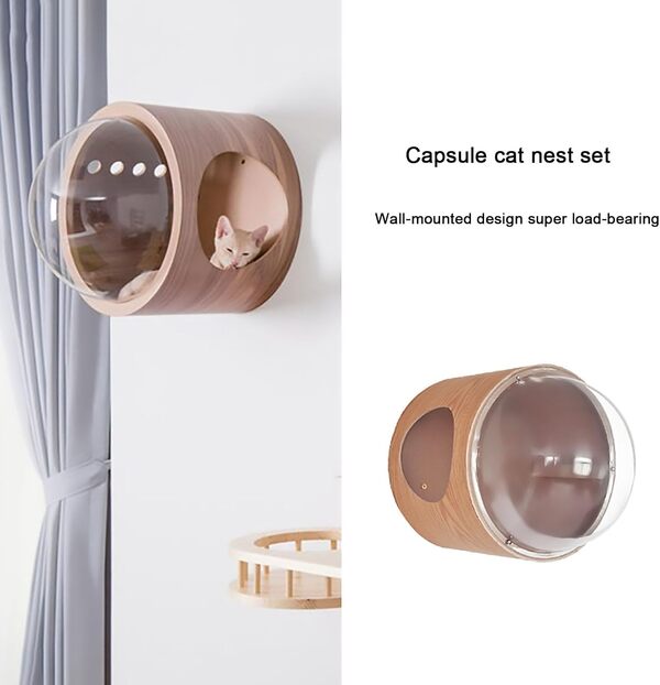 Cadre d'Escalade Mural Chat en Bois Massif, Parcours et Ensemble de Nids Capsule pour Dormir, Jouer, Grimper (Style1)