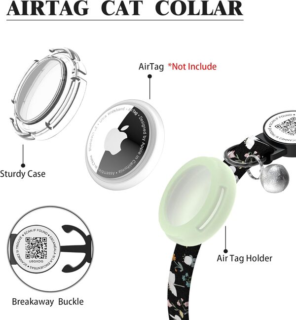 Collier pour chat Airtag avec clochettes, collier pour chaton avec étiquette de nom à code QR, collier lumineux pour chat, collier réglable avec étiquette d'identification pour animal