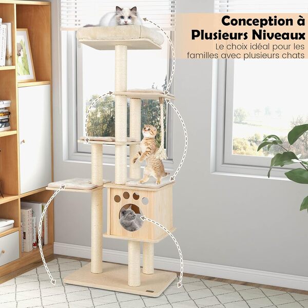 GOPLUS Arbre à Chat XXL 170cm, Arbre a Chat en Bois avec Poteaux en Sisal, Perchoir Moelleux, Condo, Plateformes de Saut, Corde d'amusement pour Plusieurs Chats