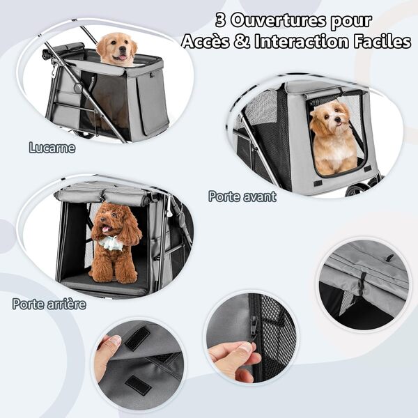 GYMAX Poussette Pliable pour Chien Chat, Transporteur pour Animaux de Compagnie avec 4 Roues et Frein & Portes Avant et Arrière & 3 Poches de Rangement, Charge 40 kg(Gris)