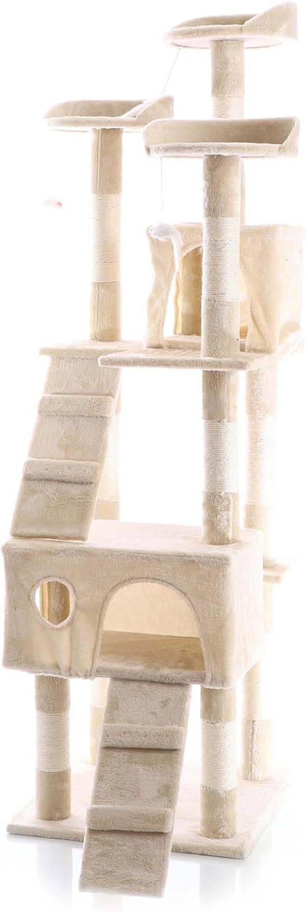 Wiltec Arbre à Chat - 170 cm de Haut - Design ludique avec Souris et Escaliers - Meuble grattage félin Peluche - Couleur Beige - avec Maisonnettes, sisal, Niche et Plate-Forme, balles de Jeu