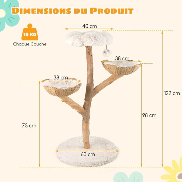 COSTWAY Arbre a Chat XXL 122 cm, Arbre a Chat en Bois Massif, 2 Paniers en Rotin, 2 Plateformes, Poteau à Griffer en Jute, Tour pour Chaton, Pompon Suspendu, Coussin Amovible Lavable