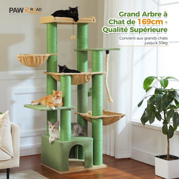 PAWZ Road Grand Arbre à Chat Hauteur 169 cm，Multi-Niveaux avec Poteaux XXL 11 cm en Sisal, Corde à Griffer Épaisse, Condos Spacieux, Hamac Robuste et Grand Perchoir, Vert