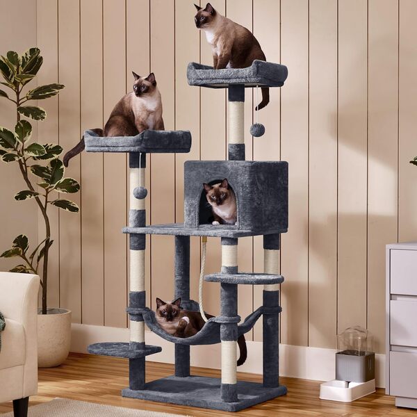 Yaheetech Arbre à Chat Hauteur 150 cm avec 7 Griffoirs/Base Plus Large/Niche Spacieuse/2 Perchoirs/Grand Hamac Tour Activités Girs Foncé
