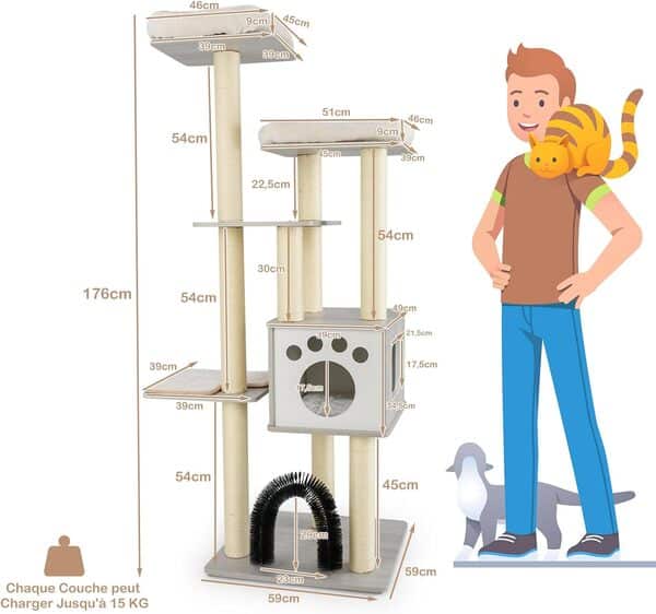 COSTWAY Arbre a Chat XXL en Bois 176 cm, 4 Poteaux à Griffer en Sisal, 5 Plateformes, Condo, Brosse d'Toilettage, Arbre a Chat Maine Coon, Tapis Amovible, pour 4-6 Chats, 59 × 59 × 176 cm, Gris