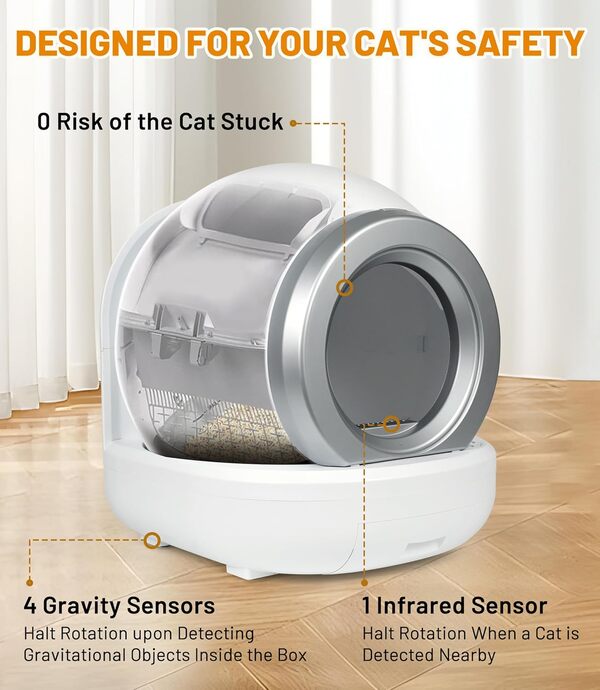 Litière Chat Autonettoyante XXL 65L, Emphsism Bac à Litière Autonome, Capteur Infrarouge, 8cm pour Chatons et Chats Âgés, Silencieuse à 35 DB, Neutralisation des Odeurs, Contrôle Via Application