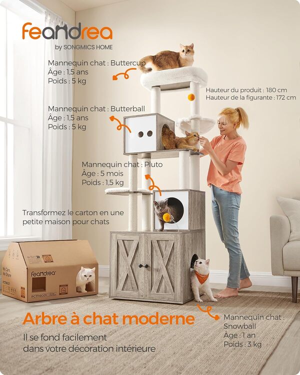 Feandrea Arbre à Chat Moderne avec Cache-litière, Tour de Jeu, Griffoir avec Maison de Toilette, 180 cm, Niche, Plateforme, Tapis Lavables, Grège PCT116G01