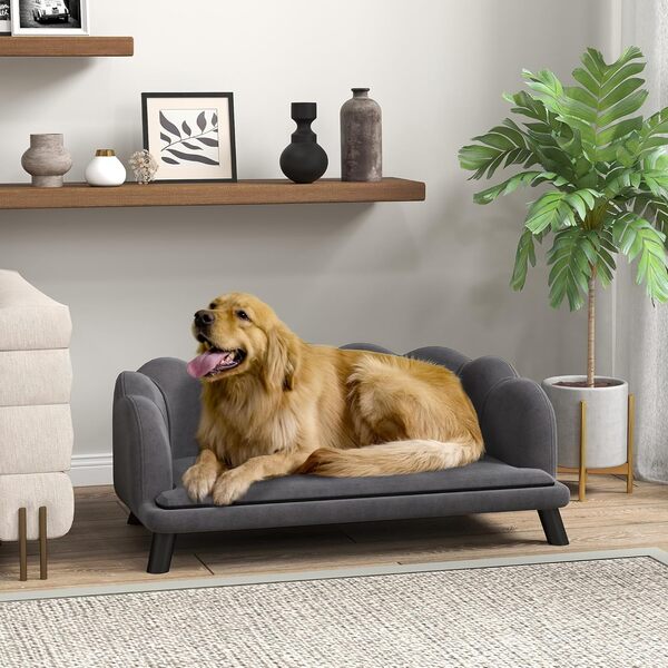 PawHut Canapé Chien lit pour Chien Chat Design Contemporain Coquillage dim. 98L x 60l x 35H cm Coussin Moelleux Velours Gris